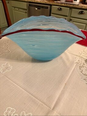 Murano Light Blue Glass Bowl with Red Rim
